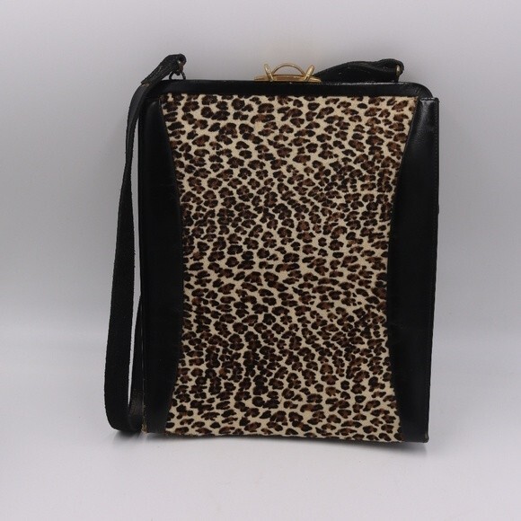 North Judd O’Connor Goldberg Vintage Leopard Print Black Leather Handbag Chic - Picture 1 of 16